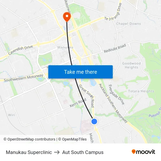 Manukau Superclinic to Aut South Campus map