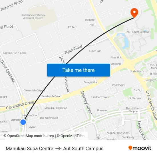 Manukau Supa Centre to Aut South Campus map