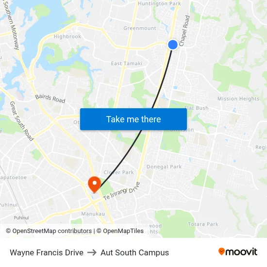 Wayne Francis Drive to Aut South Campus map