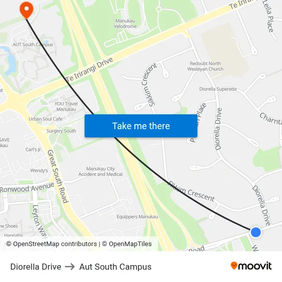 Diorella Drive to Aut South Campus map