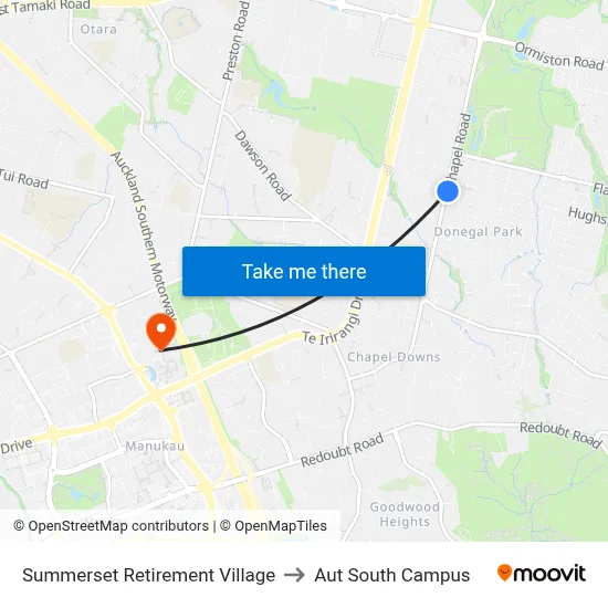 Summerset Retirement Village to Aut South Campus map