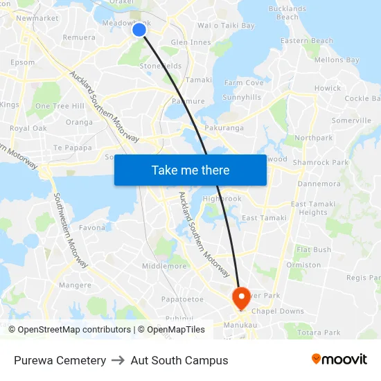 Purewa Cemetery to Aut South Campus map