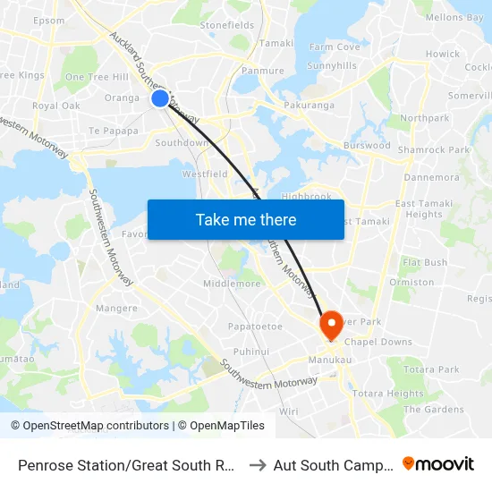 Penrose Station/Great South Road to Aut South Campus map