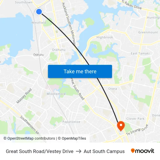Great South Road/Vestey Drive to Aut South Campus map