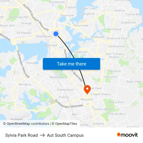 Sylvia Park Road to Aut South Campus map