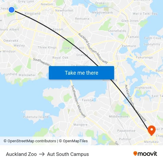 Auckland Zoo to Aut South Campus map