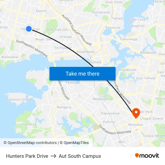 Hunters Park Drive to Aut South Campus map
