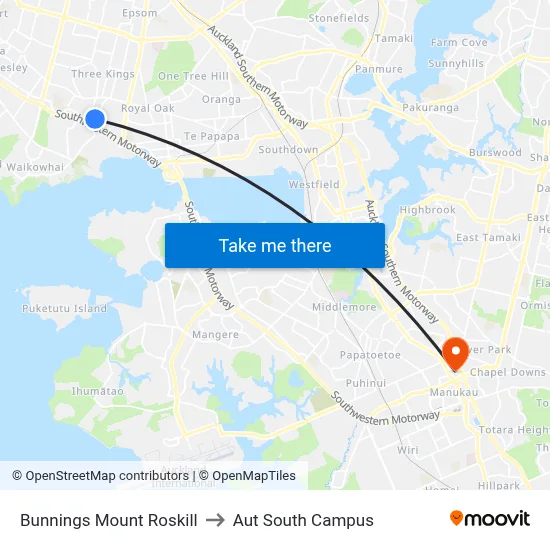Bunnings Mount Roskill to Aut South Campus map