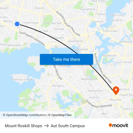 Mount Roskill Shops to Aut South Campus map