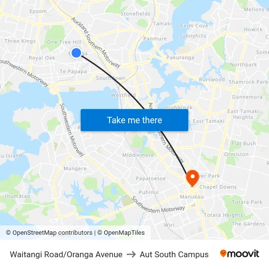 Waitangi Road/Oranga Avenue to Aut South Campus map