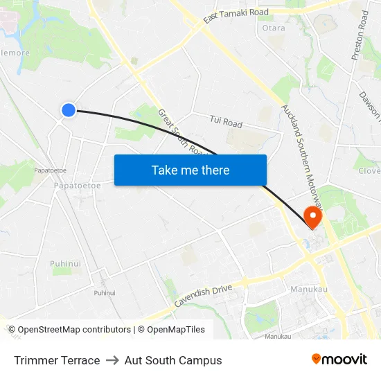 Trimmer Terrace to Aut South Campus map