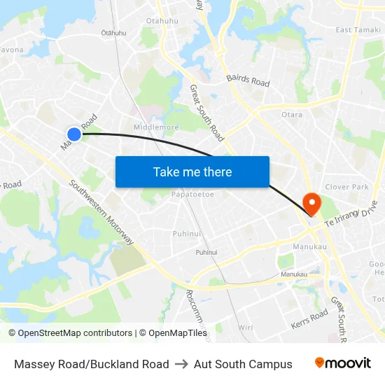 Massey Road/Buckland Road to Aut South Campus map