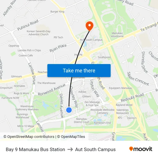 Bay 9 Manukau Bus Station to Aut South Campus map
