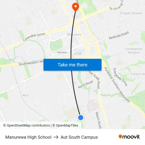 Manurewa High School to Aut South Campus map