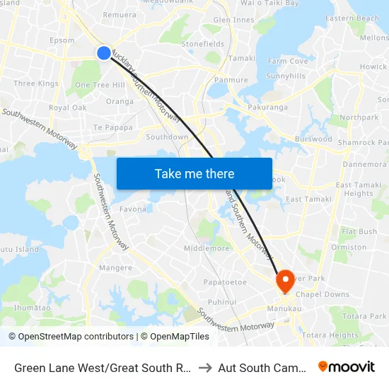 Green Lane West/Great South Road to Aut South Campus map