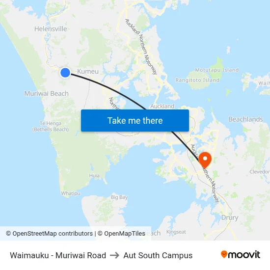 Waimauku - Muriwai Road to Aut South Campus map