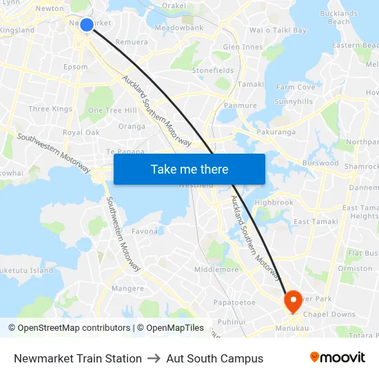 Newmarket Train Station to Aut South Campus map