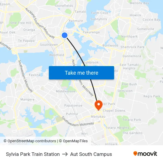 Sylvia Park Train Station to Aut South Campus map