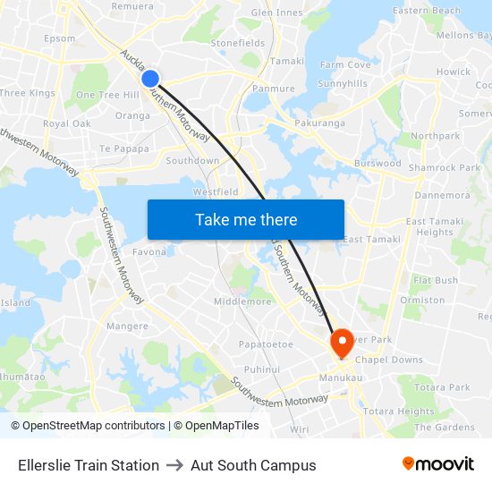 Ellerslie Train Station to Aut South Campus map