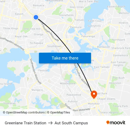 Greenlane Train Station to Aut South Campus map