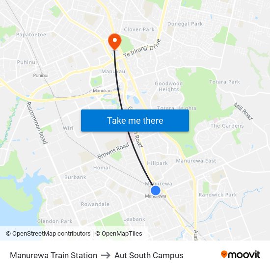 Manurewa Train Station to Aut South Campus map