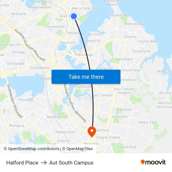 Halford Place to Aut South Campus map