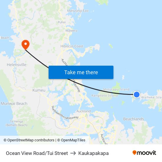 Ocean View Road/Tui Street to Kaukapakapa map