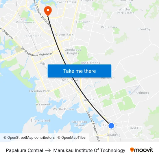Papakura Central to Manukau Institute Of Technology map