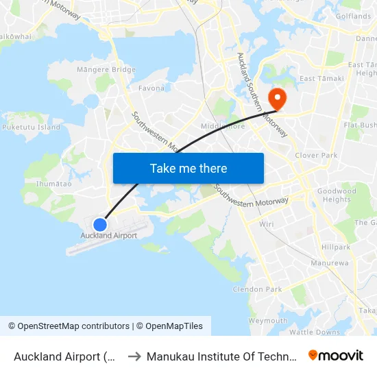 Auckland Airport (AKL) to Manukau Institute Of Technology map