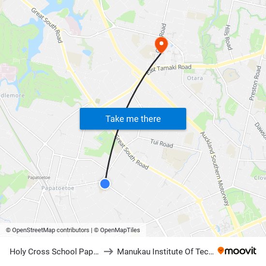 Holy Cross School Papatoetoe to Manukau Institute Of Technology map