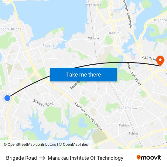 Brigade Road to Manukau Institute Of Technology map