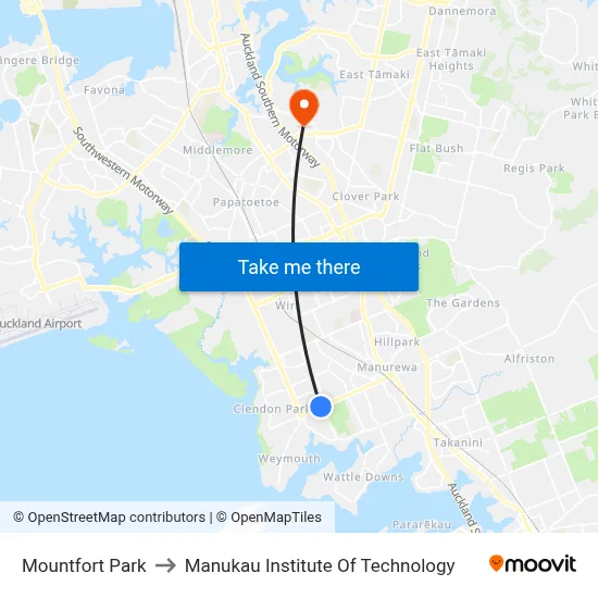 Mountfort Park to Manukau Institute Of Technology map