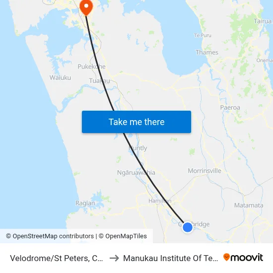 Velodrome/St Peters, Cambridge to Manukau Institute Of Technology map