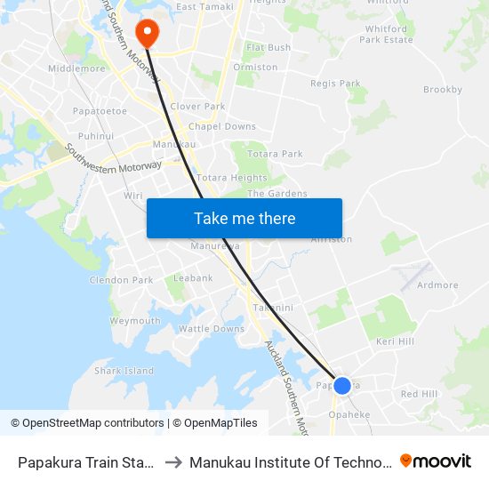 Papakura Train Station to Manukau Institute Of Technology map