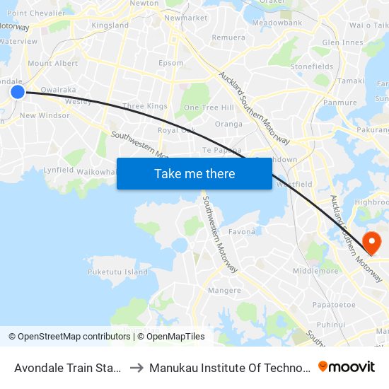 Avondale Train Station to Manukau Institute Of Technology map
