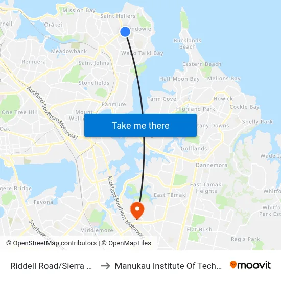Riddell Road/Sierra Street to Manukau Institute Of Technology map