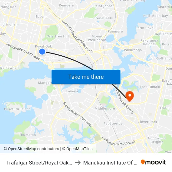 Trafalgar Street/Royal Oak Intermediate to Manukau Institute Of Technology map