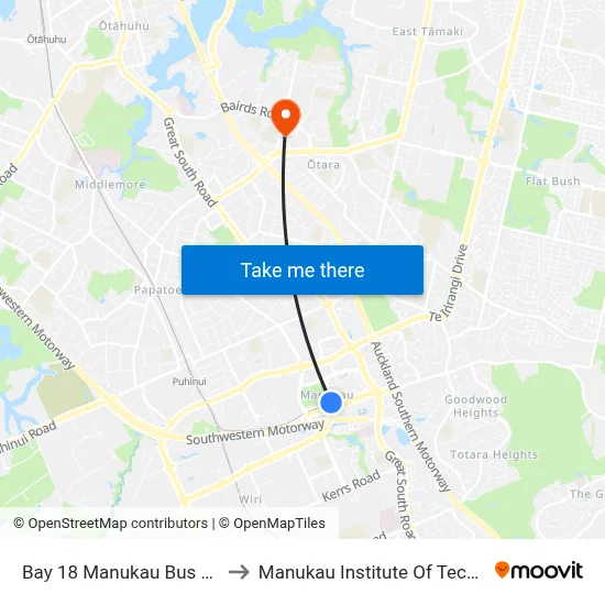 Bay 18 Manukau Bus Station to Manukau Institute Of Technology map