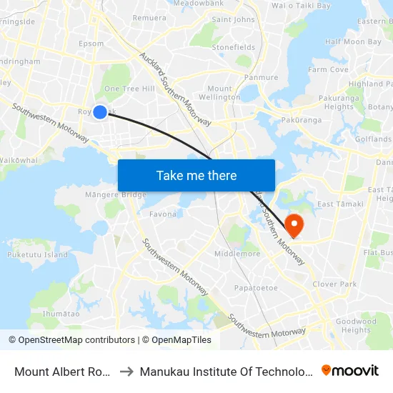 Mount Albert Road to Manukau Institute Of Technology map