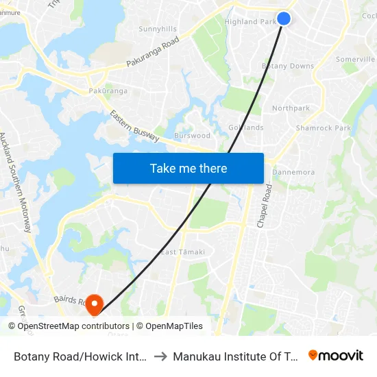 Botany Road/Howick Intermediate to Manukau Institute Of Technology map