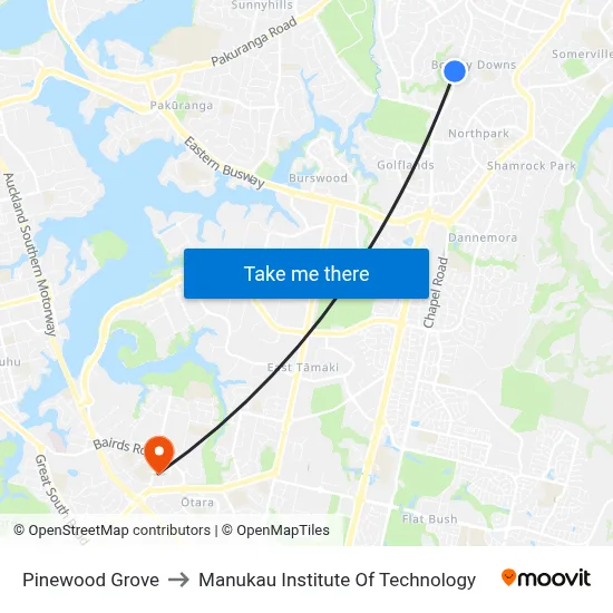 Pinewood Grove to Manukau Institute Of Technology map