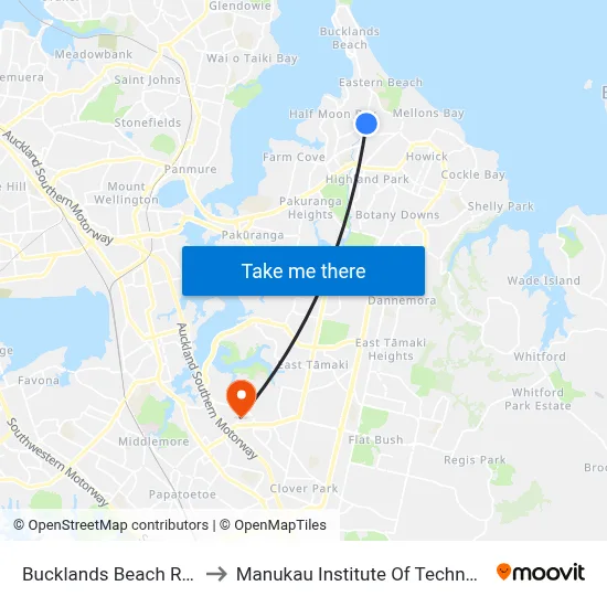 Bucklands Beach Road to Manukau Institute Of Technology map