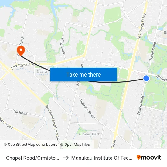 Chapel Road/Ormiston Road to Manukau Institute Of Technology map