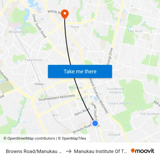 Browns Road/Manukau Superclinic to Manukau Institute Of Technology map
