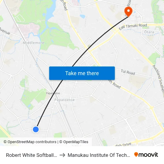 Robert White Softball Park to Manukau Institute Of Technology map
