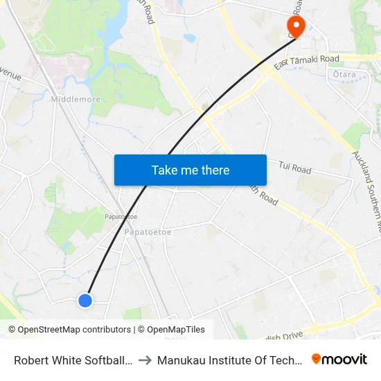 Robert White Softball Park to Manukau Institute Of Technology map