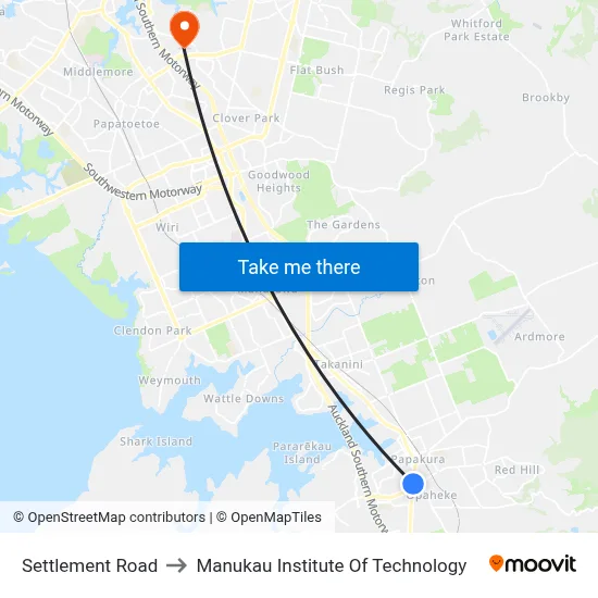 Settlement Road to Manukau Institute Of Technology map
