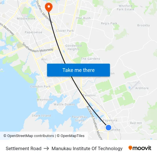 Settlement Road to Manukau Institute Of Technology map