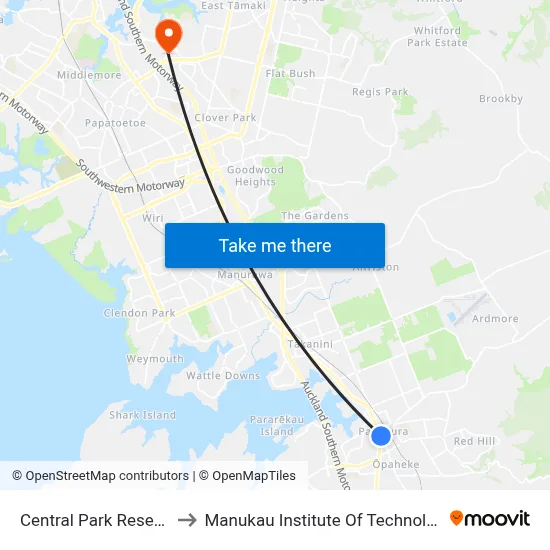 Central Park Reserve to Manukau Institute Of Technology map