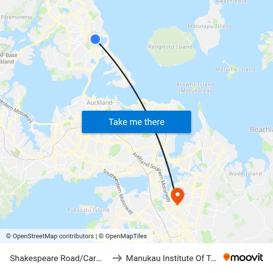 Shakespeare Road/Carmel College to Manukau Institute Of Technology map